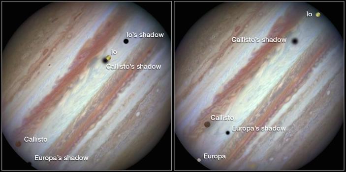 Three of Jupiter's largest moons move across its face.
